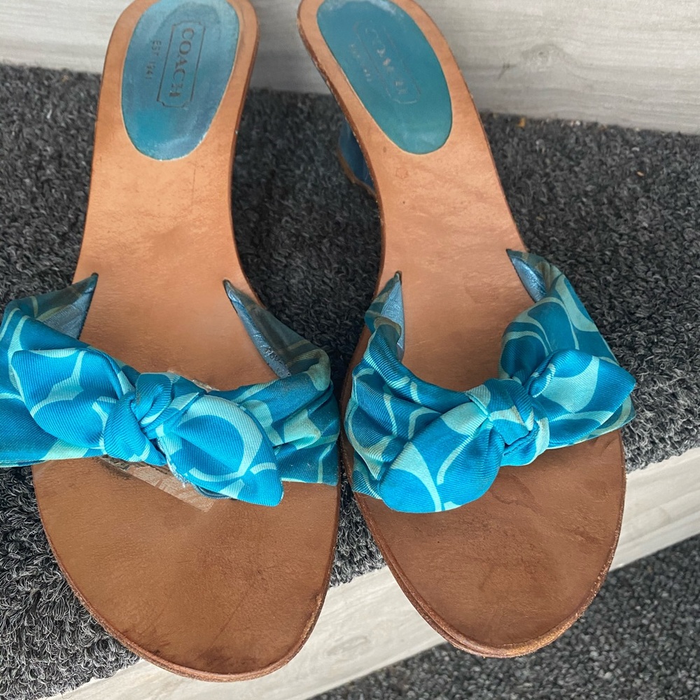 Coach blue metallic wedge sandals